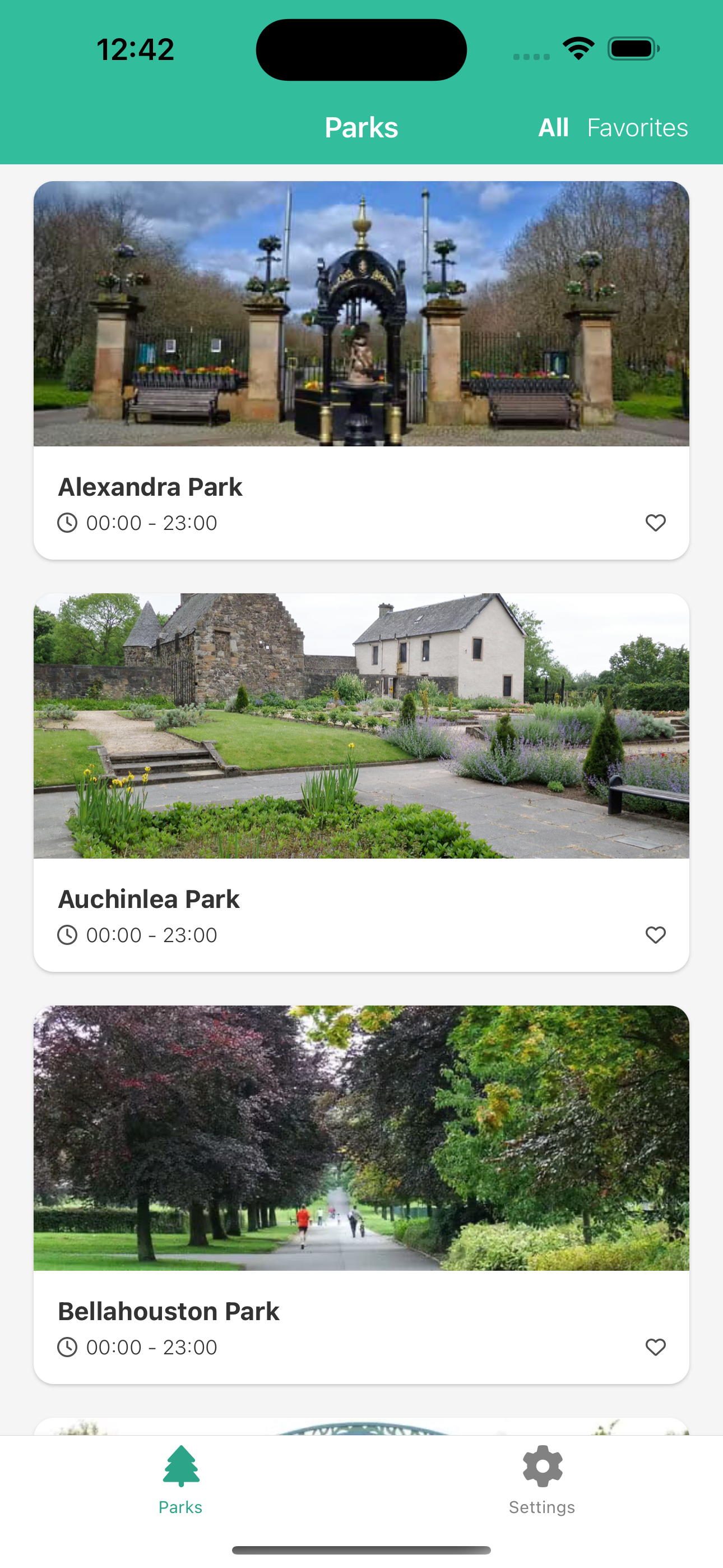 Screenshot of the Glasgow Park Walk app park list screen